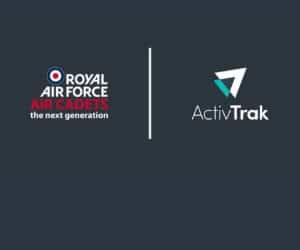 Royal Air Force Air Cadets the next generation with red white and blue circles, a pipe, then the ActivTrak logo.