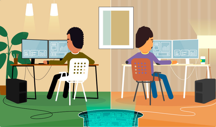 Two employees with user behavior analytics installed on their computers, and feeding data to the database.