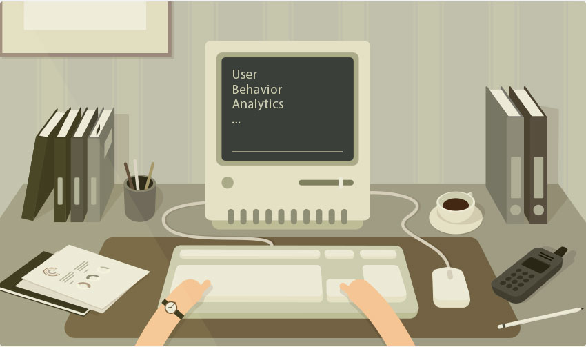 a user trying to research user behavior analytics on an old timey computer