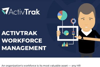 A man pointing to his tablet with charts on it, next to the words ActivTrak workforce management.