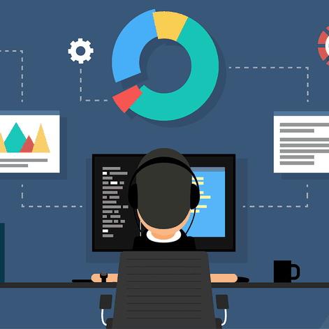 A man wearing headphone, looking at his monitor surrounded by various symbols for graphs, email, gears, cloud, and text.