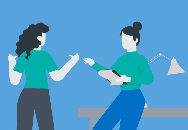 Illustration of two women talking at the office