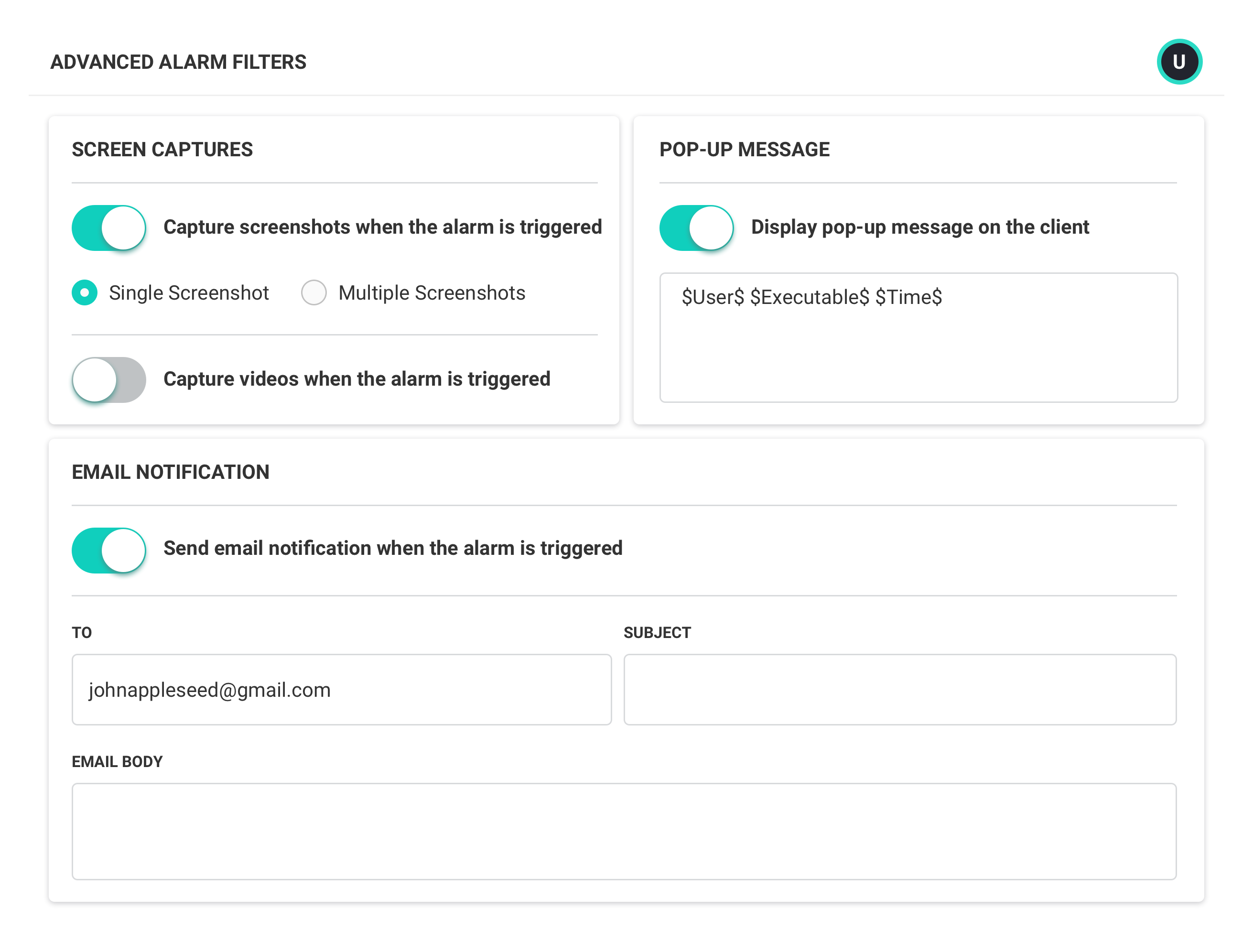 A screenshot of advanced alarm filters with alarms titled Screen Captures, Pop-up Measures, and Email Notification.