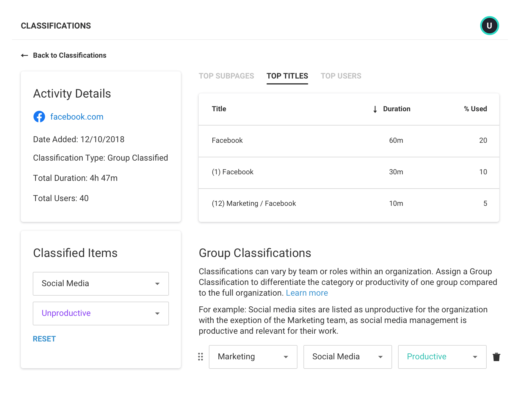 Screenshot of the ActivTrak group based activity classification item.