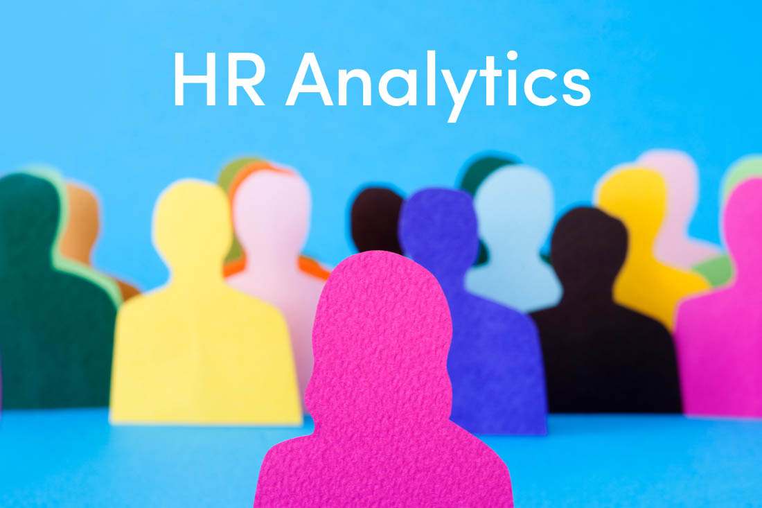Silhouettes of employees and HR analytics to symbolize HR analytics.