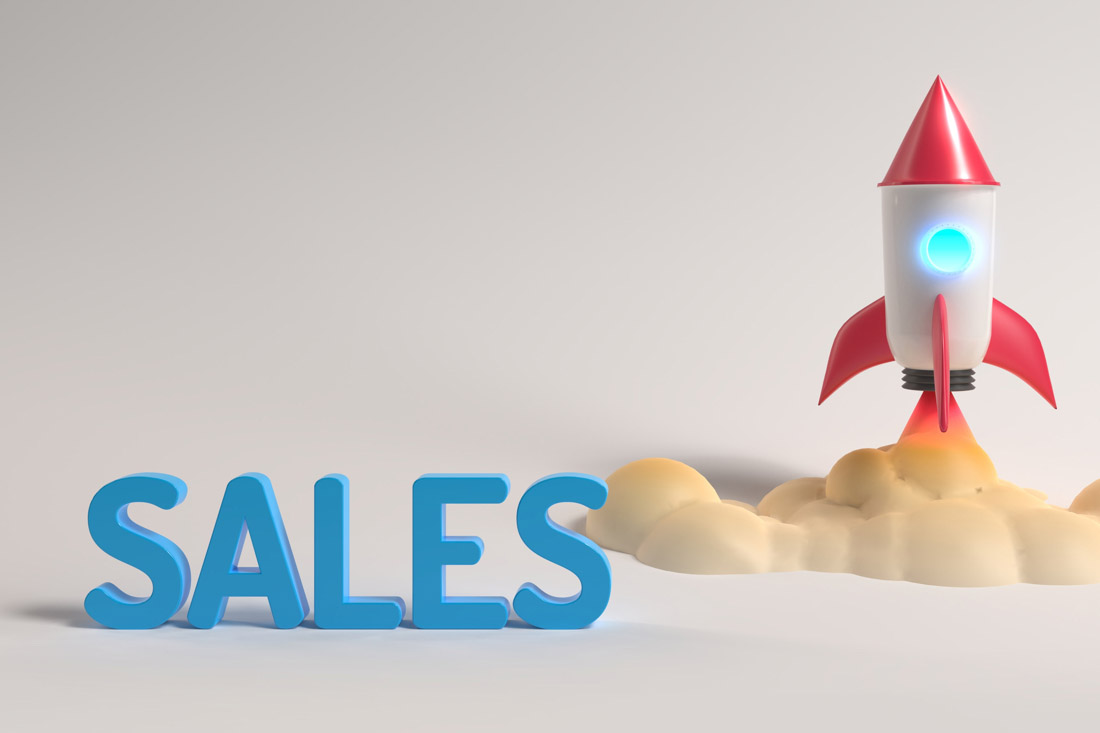 A rocket taking off next to the word sales to reference increasing sales productivity.