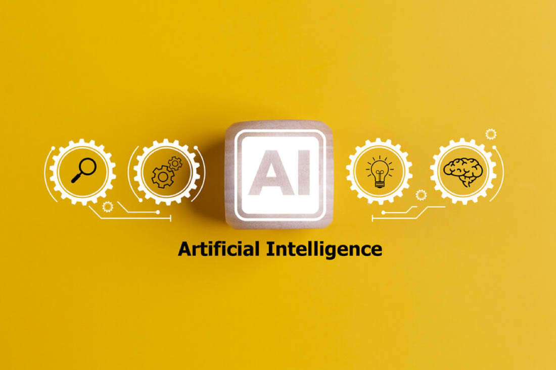 A block with AI in the middle of icons to symbolize employee monitoring ai.