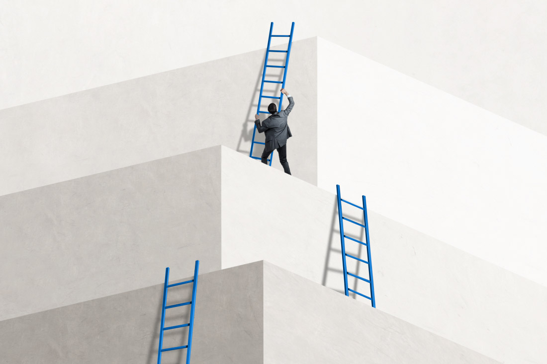 A person climbing tall steps with ladders to symbolize solving workforce management challenges.