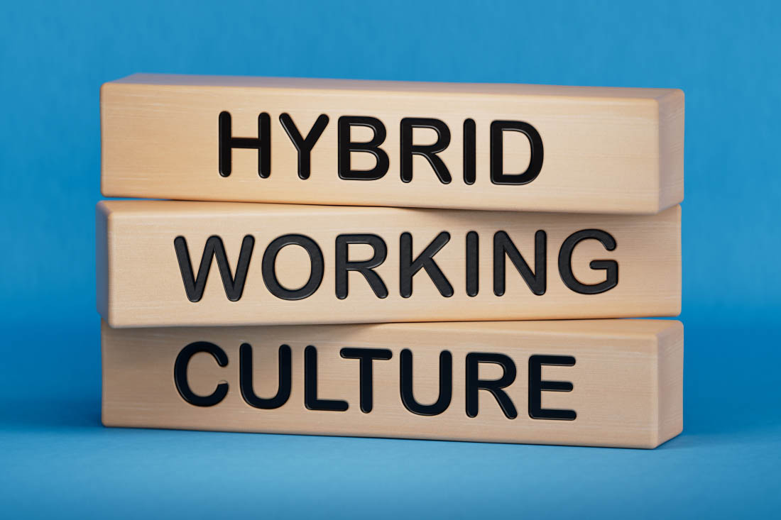 3 blocks that say hybrid work culture.