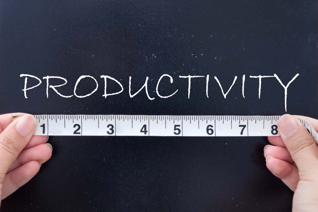 The word productivity being measured by a tape measure.