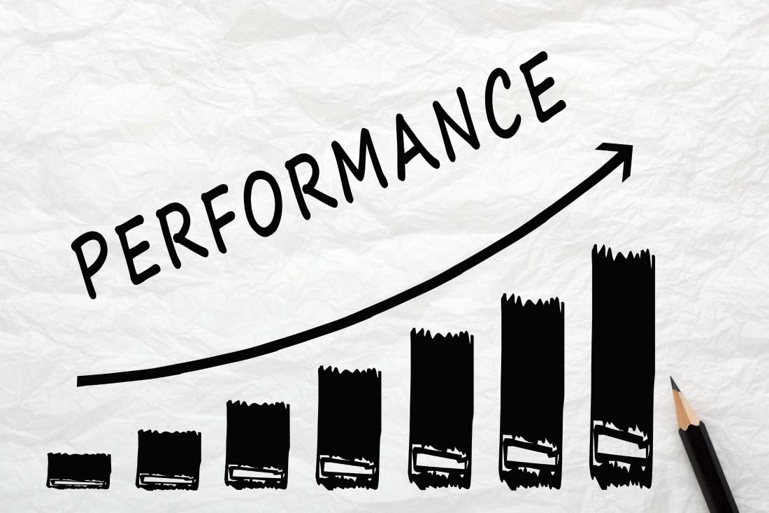 An upward trending chart with performance written over an arrow.