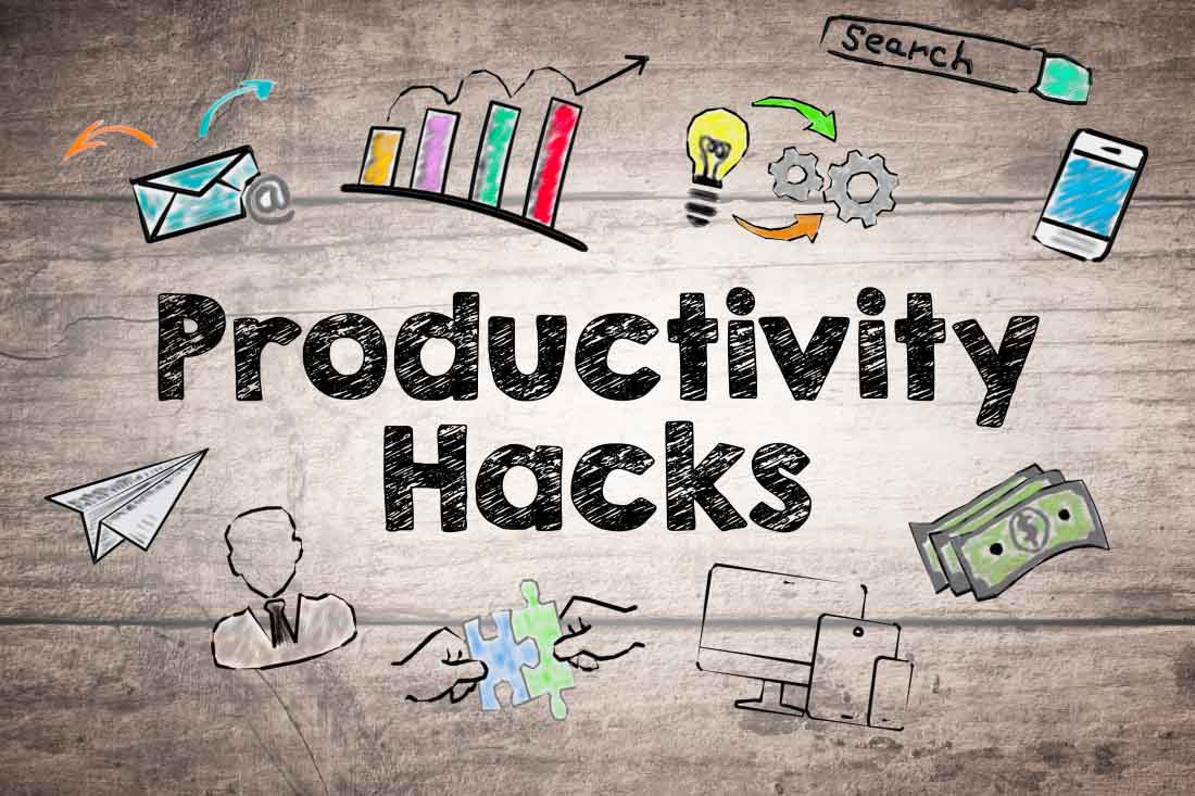 Productivity hacks in hand drawn letters around work-related graphics.