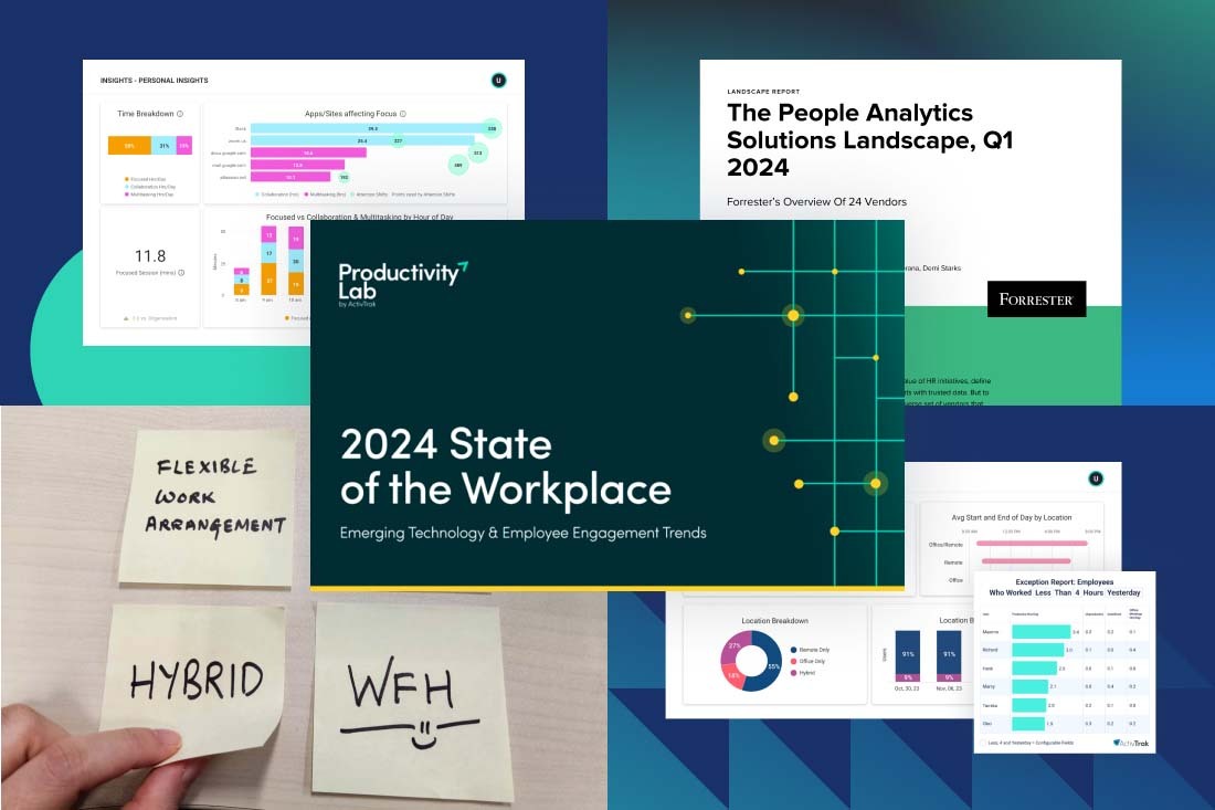 Collage on 2024 workplace trends: hybrid work, remote work, and people analytics.