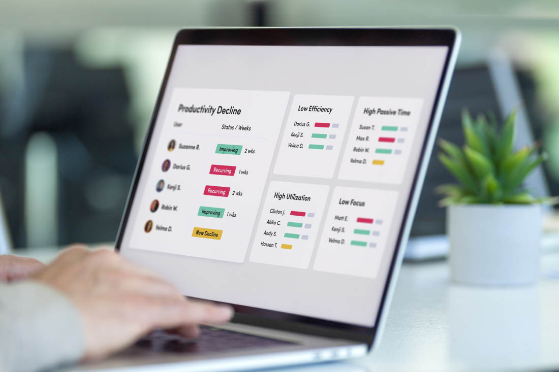 An employee productivity report template on a laptop screen.