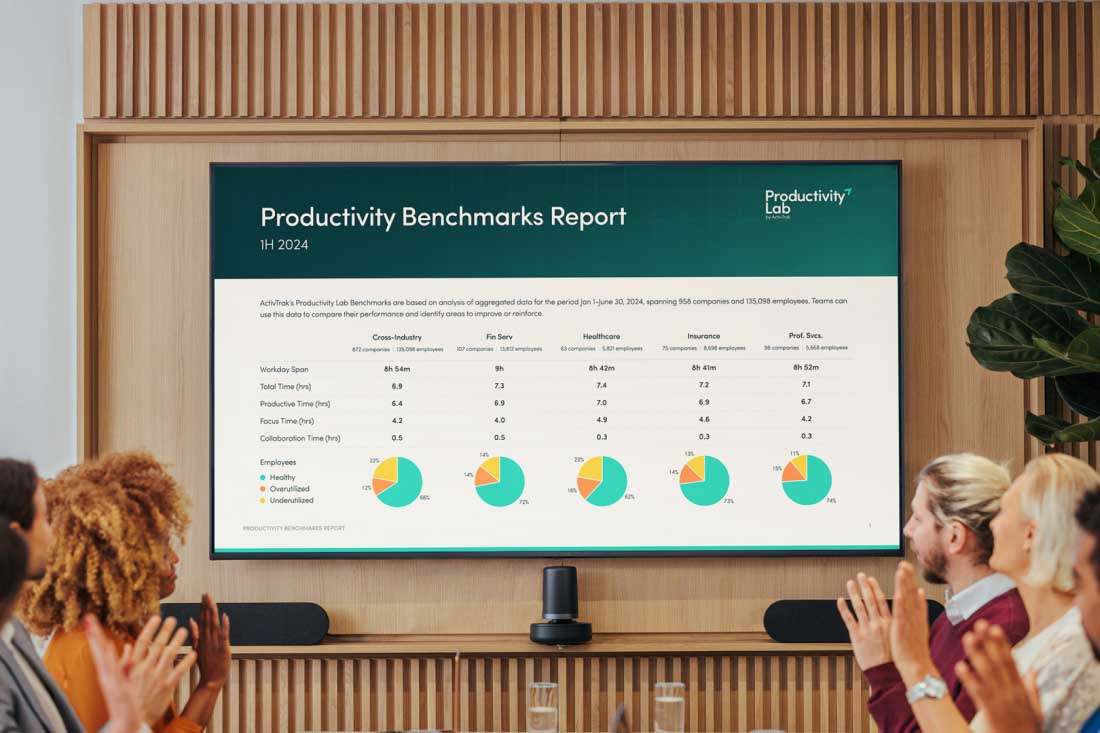 A leadership team reviewing how benchmarking can improve performance.